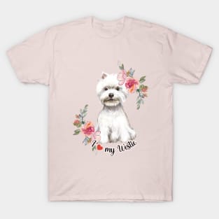 I Love My Westie Cute Westie Puppy with Flowers Watercolor Art T-Shirt